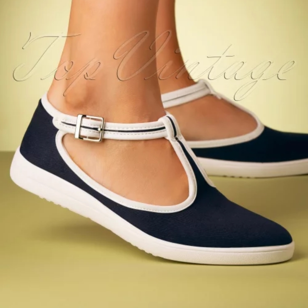 LULU HUN Modcloth Retro 50s Gaia T-Strap Sneakers Navy UK 4 US 6 EUR 37
